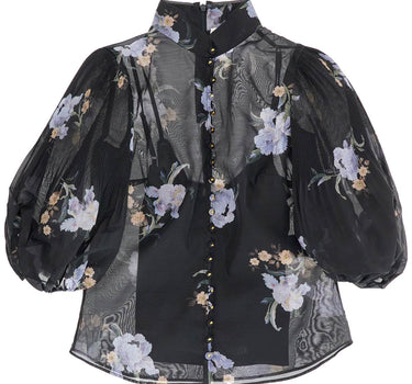 Zimmermann illustrated blouse with pleated sleeves