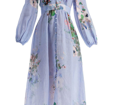 Zimmermann light blue watercolor floral midi dress with deep v neckline