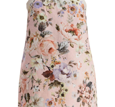 Zimmermann mini floral linen dress in pink with scallop neckline and sleeveless