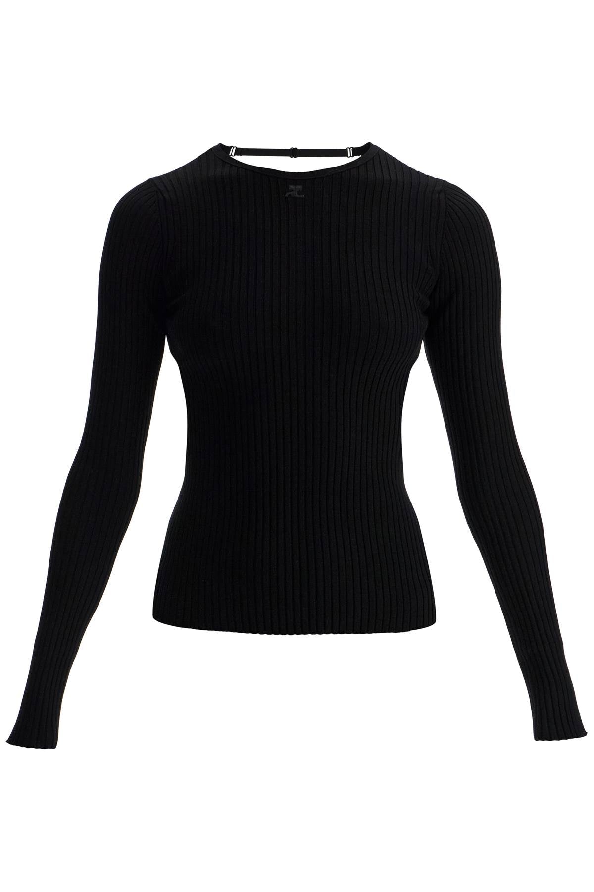 Pull noir en viscose et polyester à encolure tombante Courreges