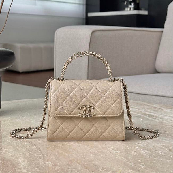 Chanel Light Beige Quilted Caviar Top‑Handle Mini Clutch with Chain