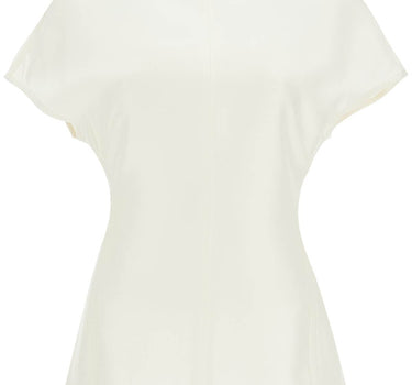 Toteme short sleeve wool and silk top in macadamia