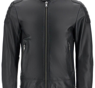 Boss black leather jacket with high collar and quilted details