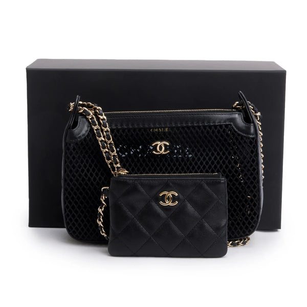 Chanel 2025 Black Mesh Shiny Lambskin Clutch with Chain (w/ Pouch &Box)