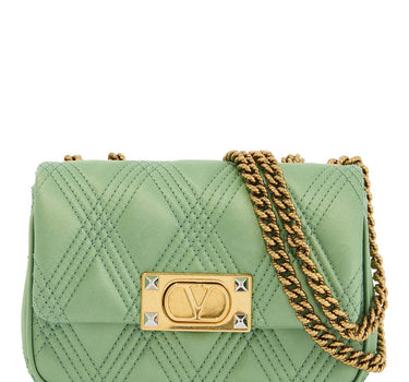 Valentino Garavani small quilted green silk shoulder bag with chain