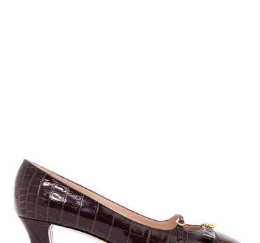 Valentino Garavani brown crocodile effect calfskin pumps with bow and medium heel