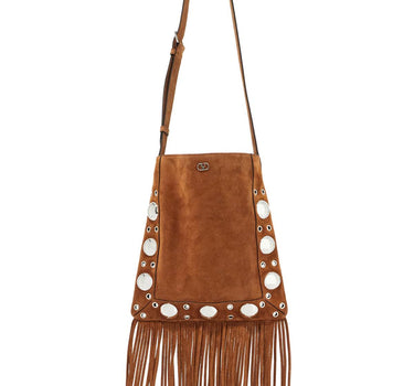 Valentino Garavani brown copper suede crossbody bag with studs and fringe