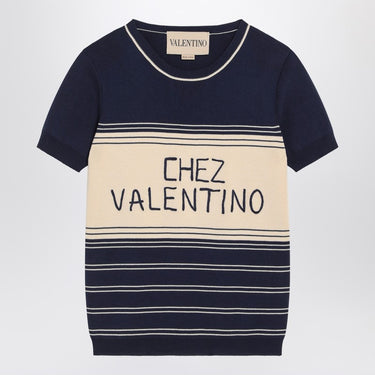 Blue ribbed top with Chez Valentino embroidery