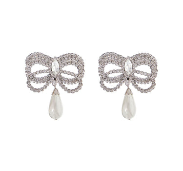 Alessandra Rich hypoallergenic brass earrings in silver with bow and drop pearl