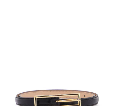 Alessandra Rich slim black leather belt with logo charm and brass buckle 1.5 cm