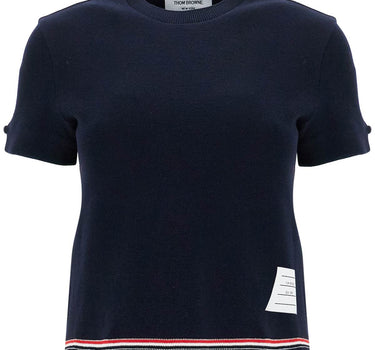 Thom Browne navy blue piqué cotton t-shirt with tricolor stripe