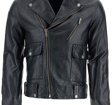 Golden Goose black waxed leather biker jacket with zip