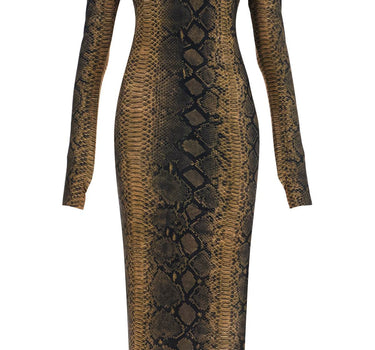 Norma Kamali brown slim fit long python effect dress