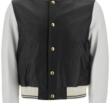 Thom Browne leather varsity bomber jacket