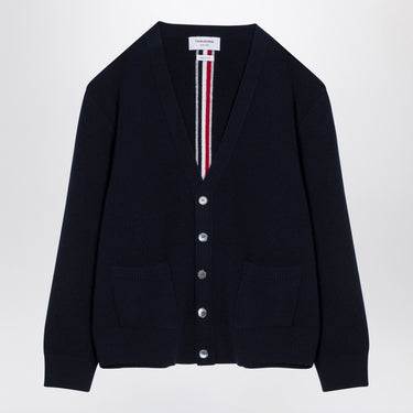 Thom Browne Navy blue wool cardigan with tricolour insert