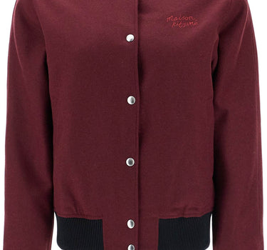 Maison Kitsune men's bordeaux wool teddy jacket with fox embroidery