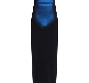 JEAN PAUL GAULTIER long fitted sleeveless dress in black and blue ribbed cotton