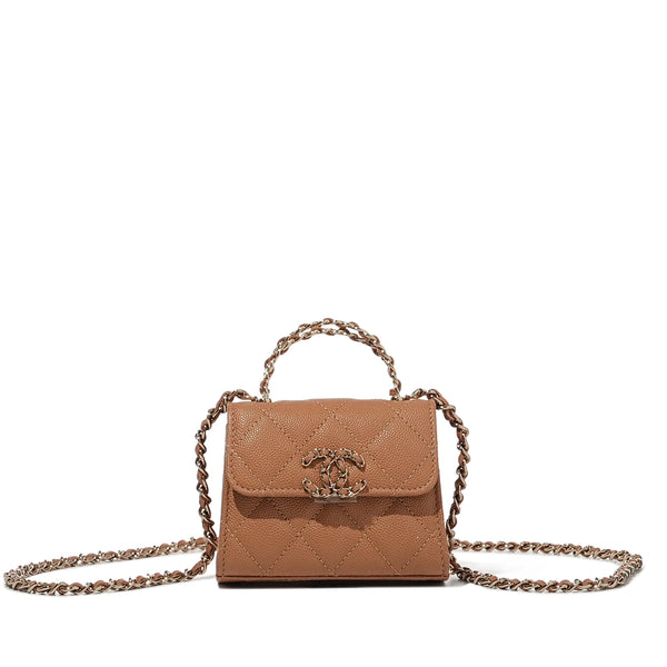 Chanel Light Brown Quilted Caviar Top Handle Mini Clutch with Chain